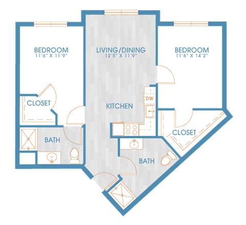 Floor plan for 2 beds, 2 baths, 940 sqft